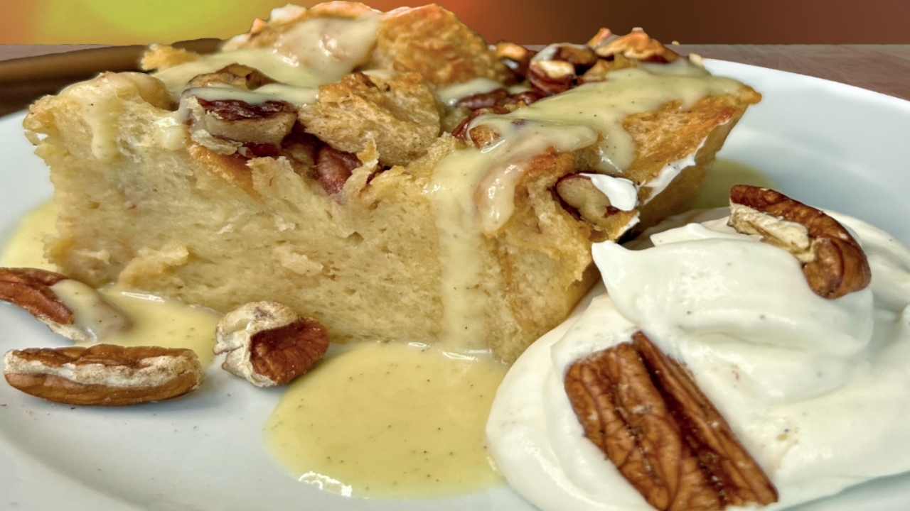 Pecan Pie Bread Pudding with Chantilly Whisky Cream