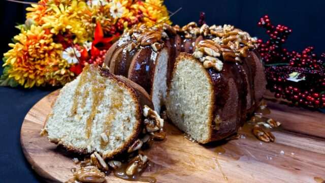 Vanilla Bean Cake a with Pecan Praline Glaze