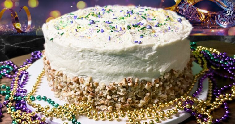 Italian Cream Cake Decorated for Mardi Gras