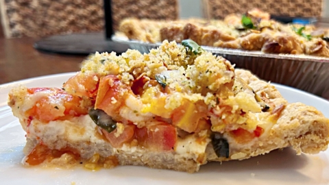 Creole Tomato Basil Pie with Crawfish and Andoullie Sausage