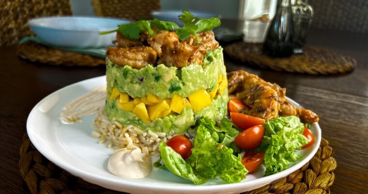 Honey Lime Shrimp & Avocado Rice Stack with Mango